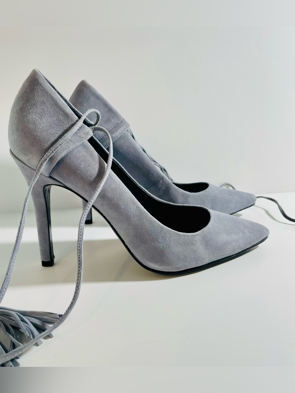 GUESS Suede Tassel Ankle-Tie Heels - Light Gray